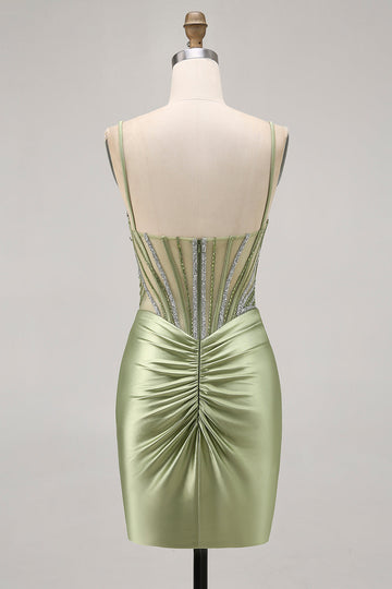 Sage Green Beaded Corset Ruched Tight Homecoming Dress with Rhinestones